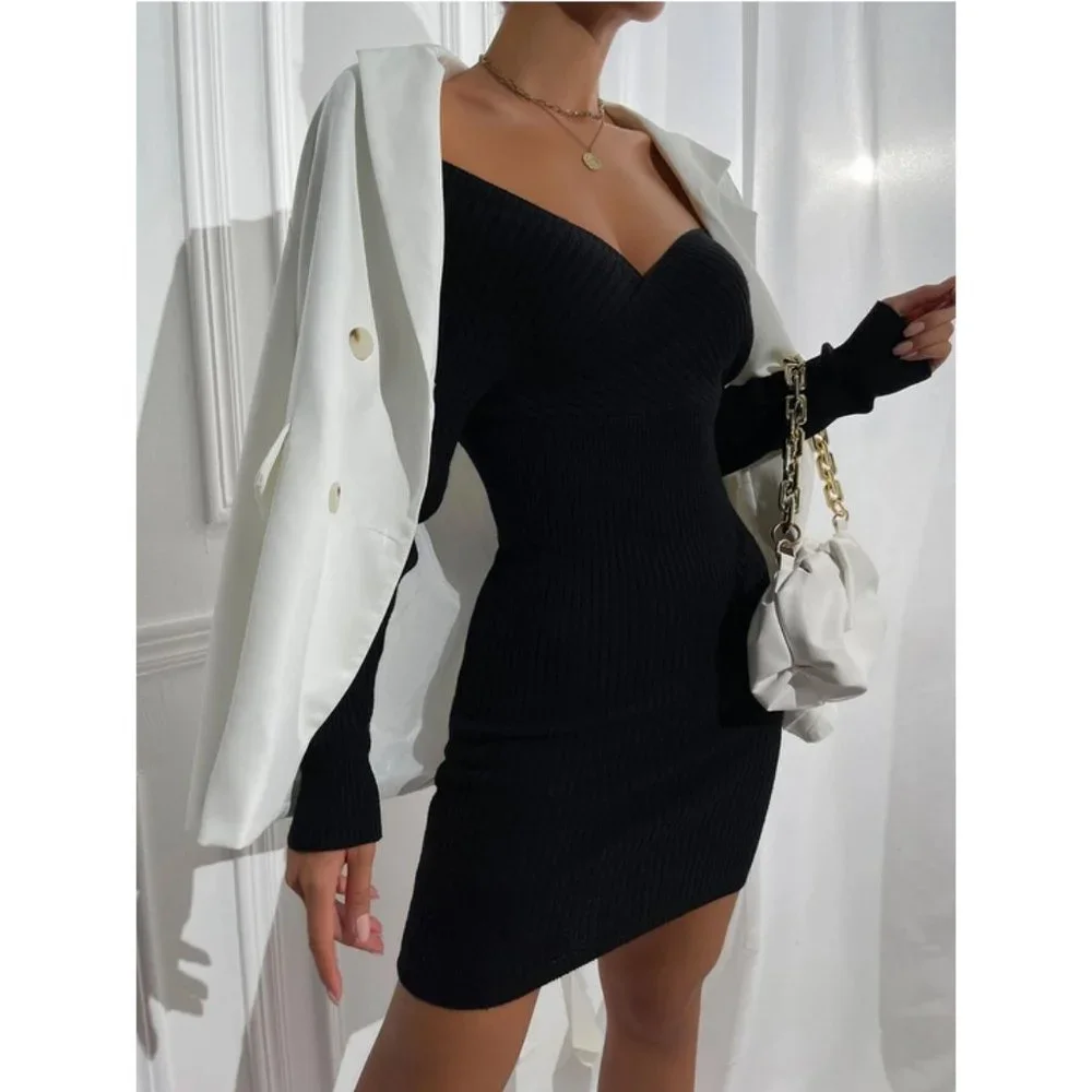 Fitted Off Shoulder Ribbed Sweater Dress Black Fall winter classy sexy evening - Picture 9 of 10